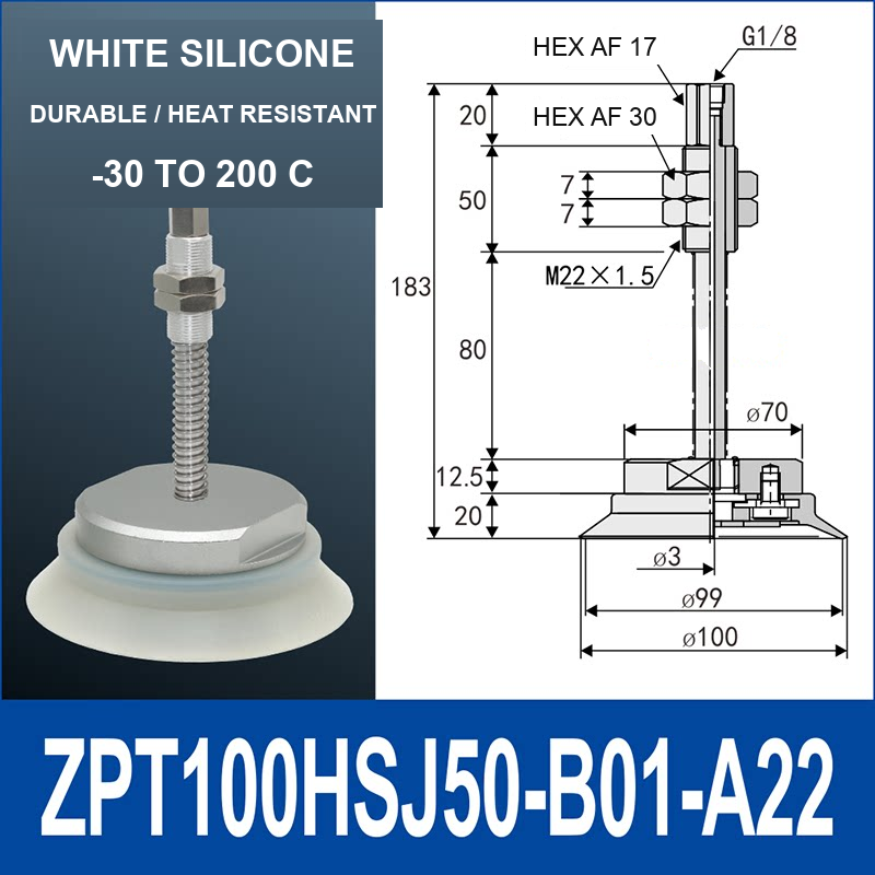 ZPT100HSJ50-B01-A22 heavy-duty vacuum cup holder, 100 mm silicone rubber cup, 50 mm stroke, G1/8 and M22 x 1.5 callouts, with technical dimensions