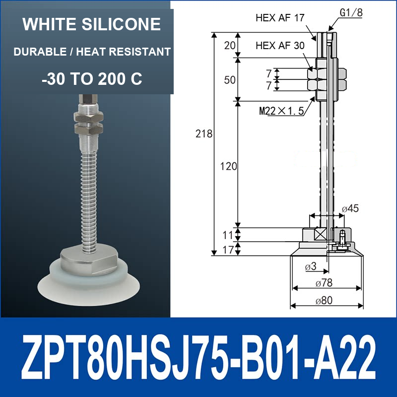 ZPT80HSJ75-B01-A22 heavy-duty vacuum cup holder, 80 mm silicone rubber cup, 75 mm stroke, G1/8 and M22 x 1.5 callouts, with technical dimensions