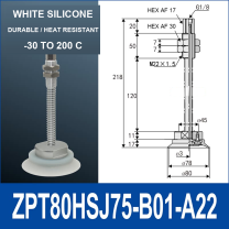 ZPT80HSJ75-B01-A22 heavy-duty vacuum cup holder, 80 mm silicone rubber cup, 75 mm stroke, G1/8 and M22 x 1.5 callouts, with technical dimensions