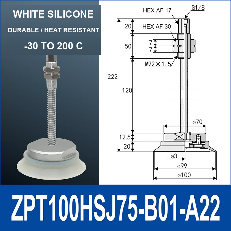 ZPT100HSJ75-B01-A22 heavy-duty vacuum cup holder, 100 mm silicone rubber cup, 75 mm stroke, G1/8 and M22 x 1.5 callouts, with technical dimensions