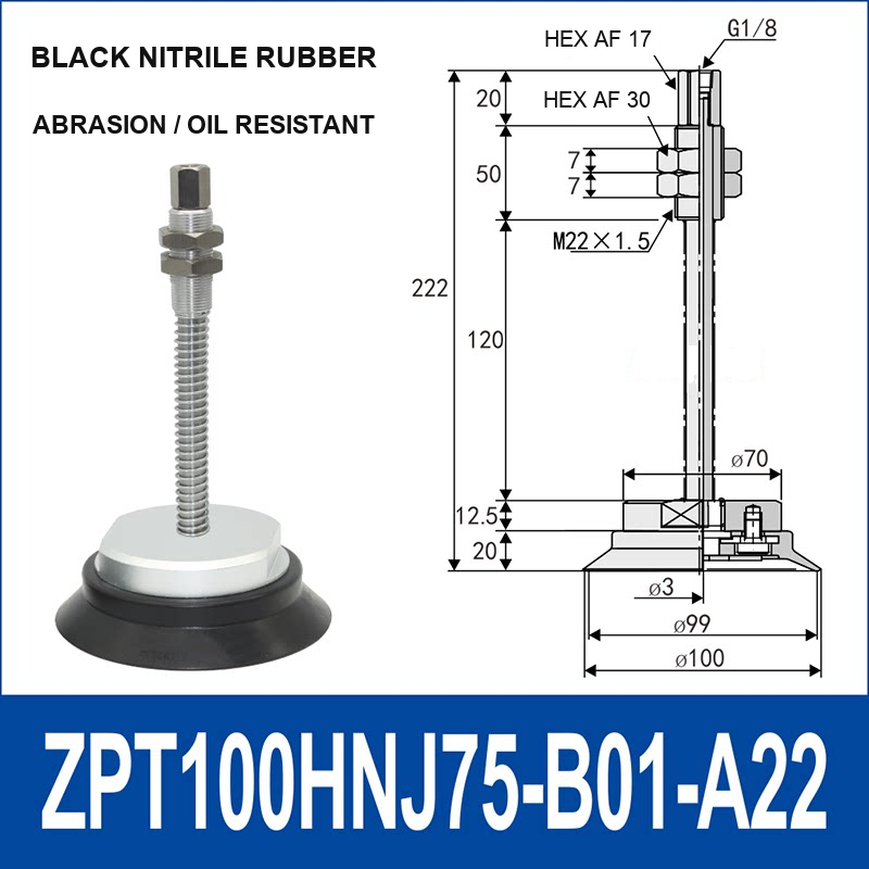 ZPT100HNJ75-B01-A22 heavy-duty vacuum cup holder, 100 mm nitrile rubber cup, 75 mm stroke, G1/8 and M22 x 1.5 callouts, with technical dimensions