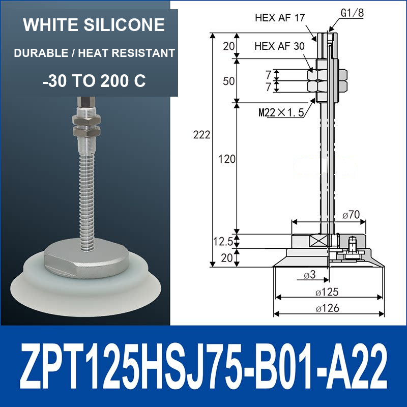 ZPT125HSJ75-B01-A22 heavy-duty vacuum cup holder, 125 mm silicone rubber cup, 75 mm stroke, G1/8 and M22 x 1.5 callouts, with technical dimensions