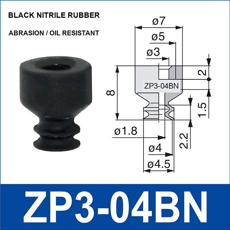 ZP3-04BN mini vacuum cup, 4 mm, black nitrile rubber, with technical dimensions