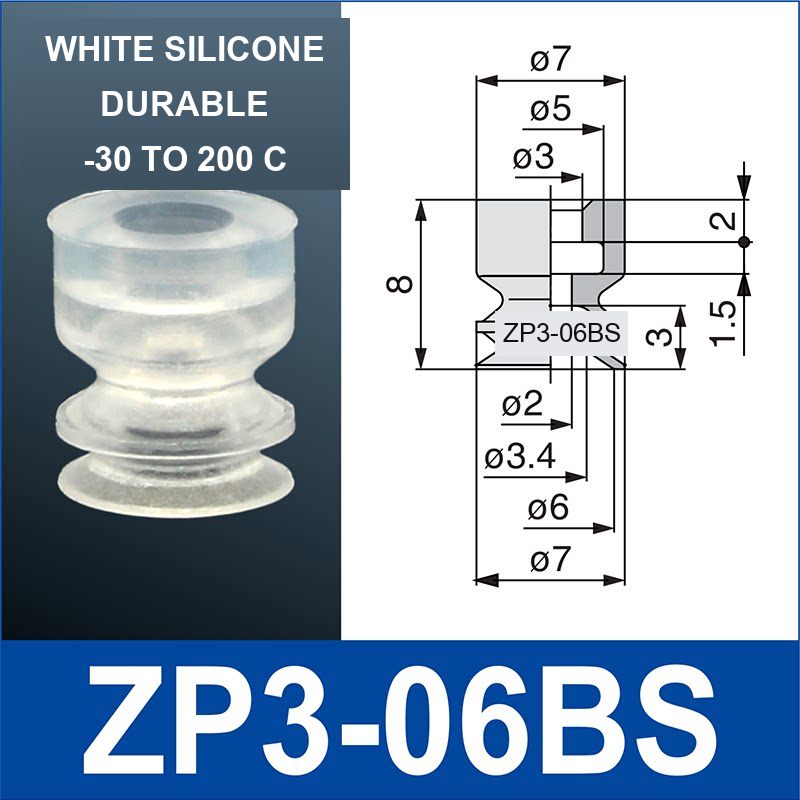 ZP3-06BS mini vacuum cup, 6 mm, white silicone, with technical dimensions