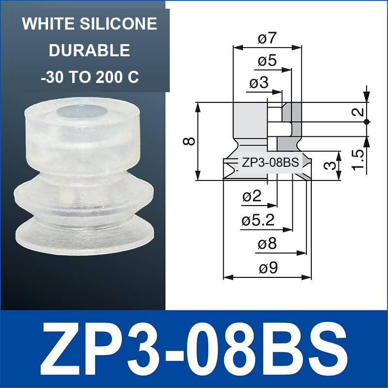 ZP3-08BS mini vacuum cup, 8 mm, white silicone, with technical dimensions