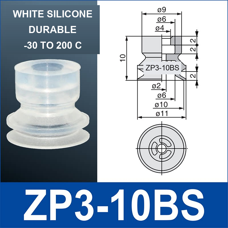 ZP3-10BS mini vacuum cup, 10 mm, white silicone, with technical dimensions