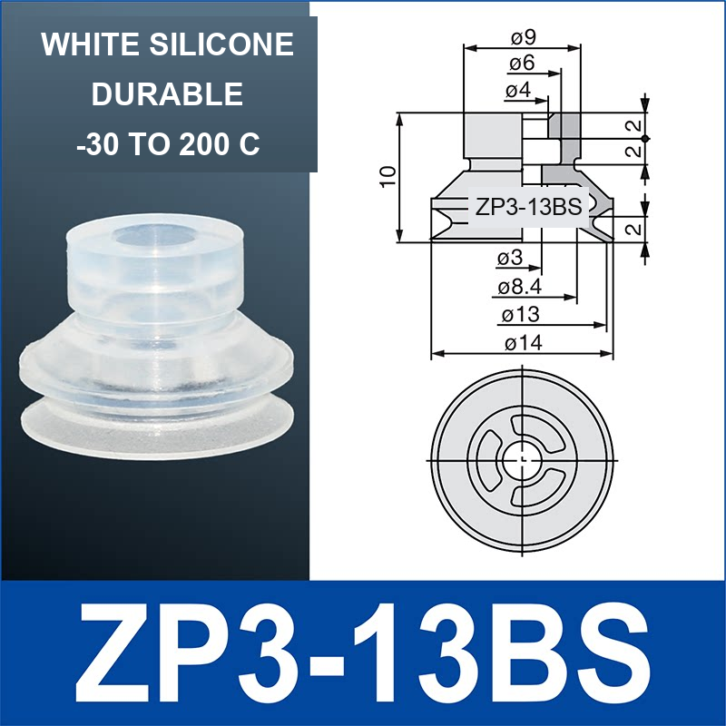 ZP3-13BS mini vacuum cup, 13 mm, white silicone, with technical dimensions
