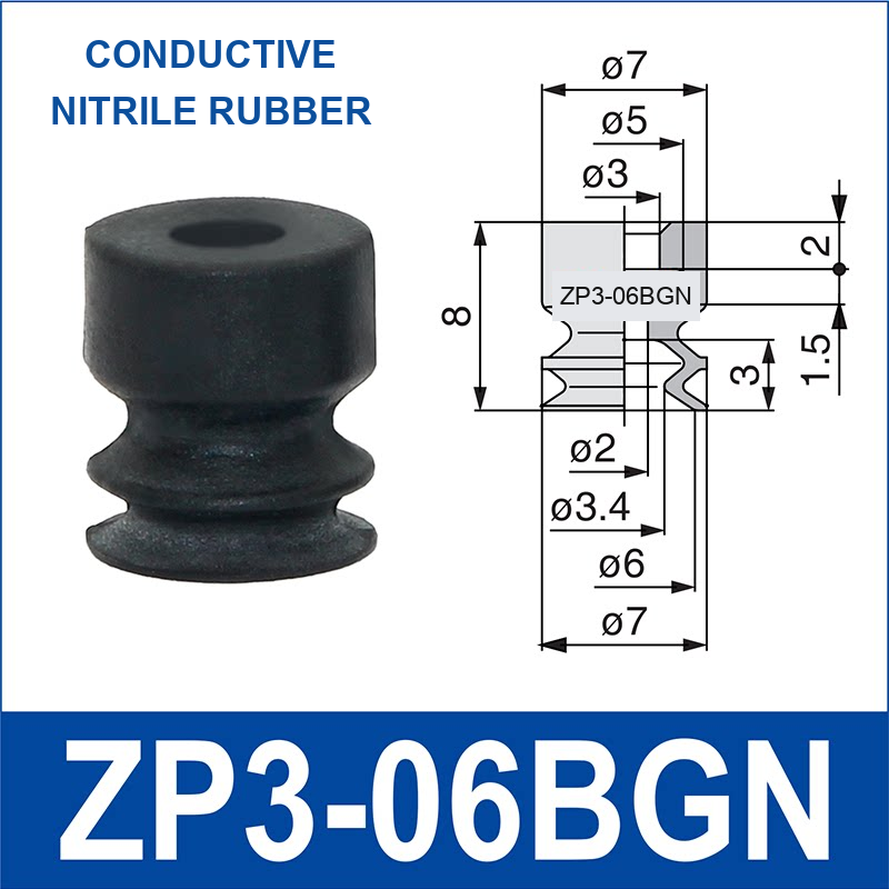 ZP3-06BGN mini vacuum cup, 6 mm, conductive nitrile rubber, with technical dimensions