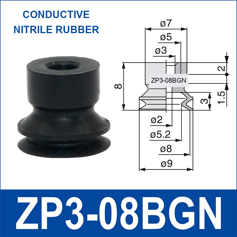 ZP3-08BGN mini vacuum cup, 8 mm, conductive nitrile rubber, with technical dimensions