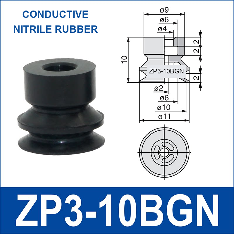 ZP3-10BGN mini vacuum cup, 10 mm, conductive nitrile rubber, with technical dimensions