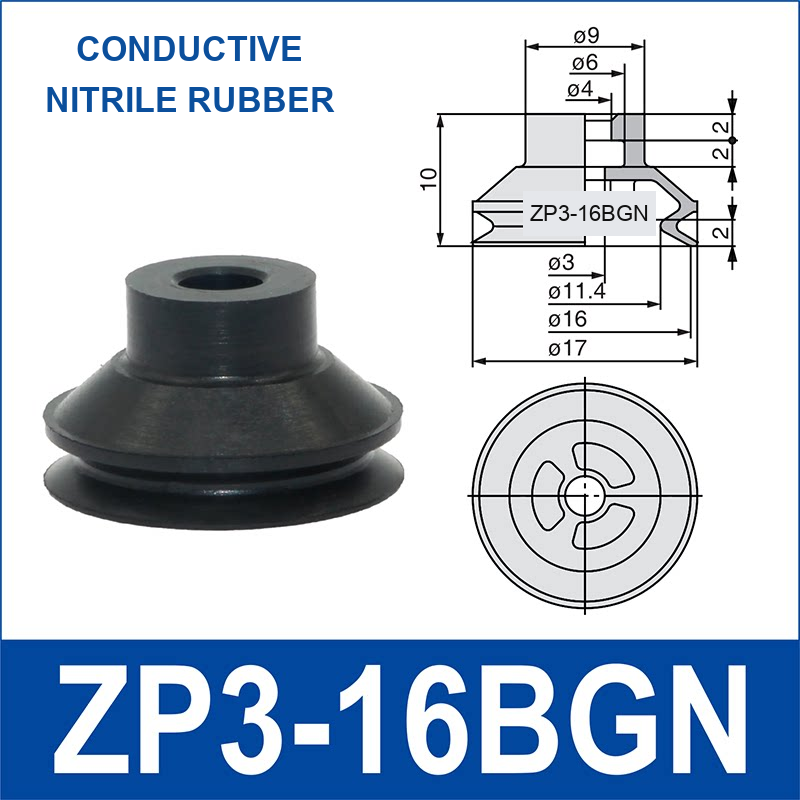 ZP3-16BGN mini vacuum cup, 16 mm, conductive nitrile rubber, with technical dimensions