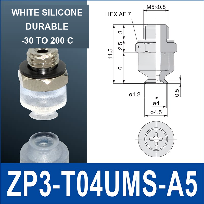 ZP3-T04UMS-A5 vacuum cup, 4 mm pad, White Silicone, A5 Male M5×0.8, with technical dimensions