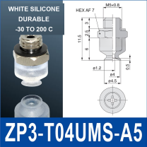 ZP3-T04UMS-A5 vacuum cup, 4 mm pad, White Silicone, A5 Male M5×0.8, with technical dimensions