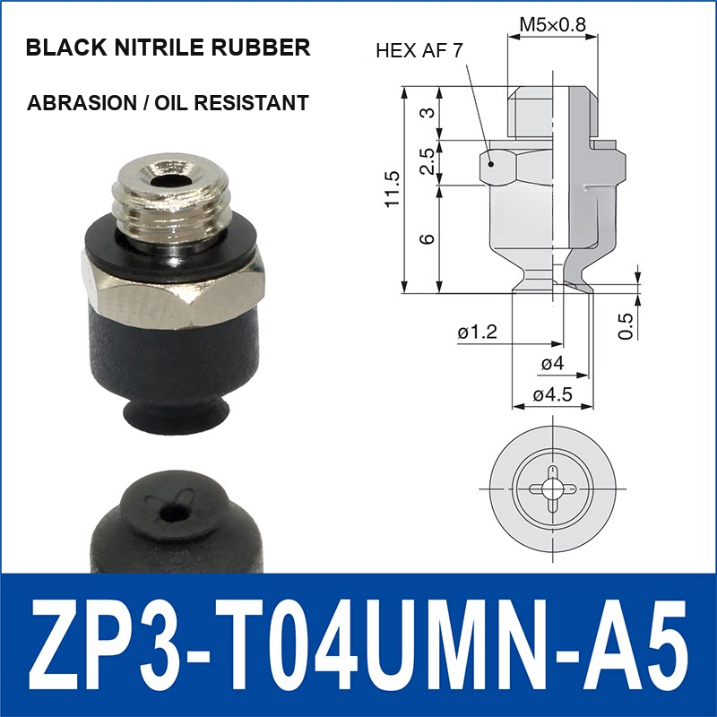 ZP3-T04UMN-A5 vacuum cup, 4 mm pad, Black Nitrile Rubber, A5 Male M5×0.8, with technical dimensions