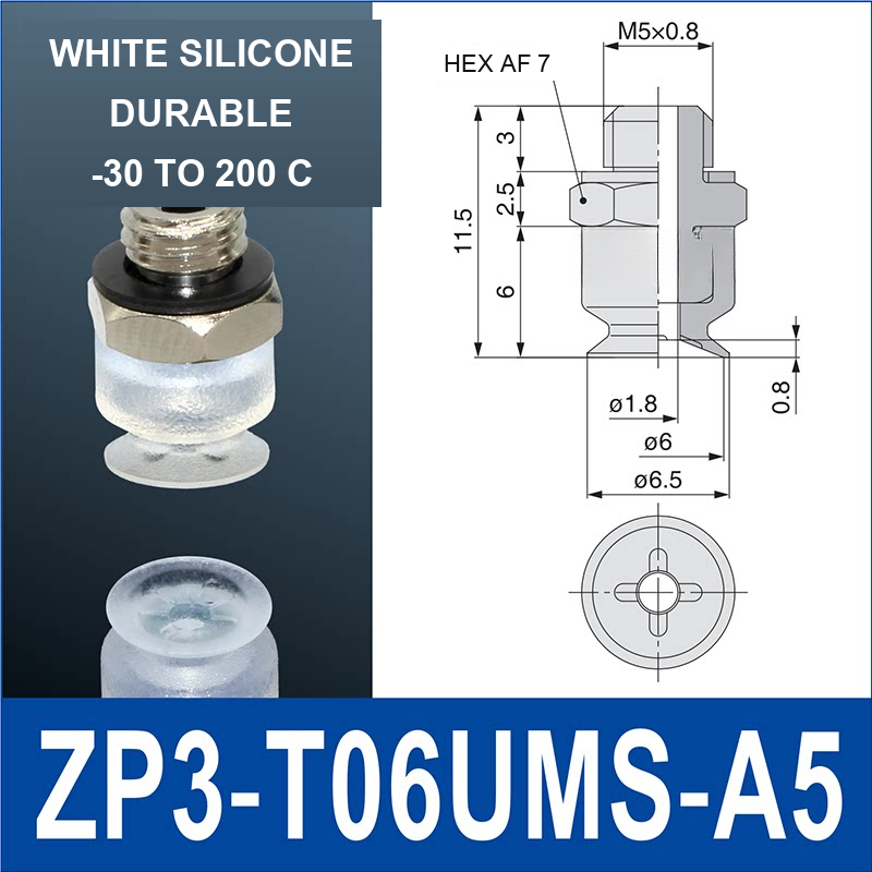 ZP3-T06UMS-A5 vacuum cup, 6 mm pad, White Silicone, A5 Male M5×0.8, with technical dimensions