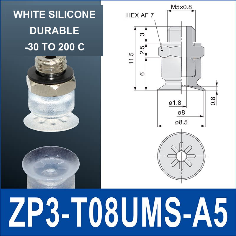 ZP3-T08UMS-A5 vacuum cup, 8 mm pad, White Silicone, A5 Male M5×0.8, with technical dimensions