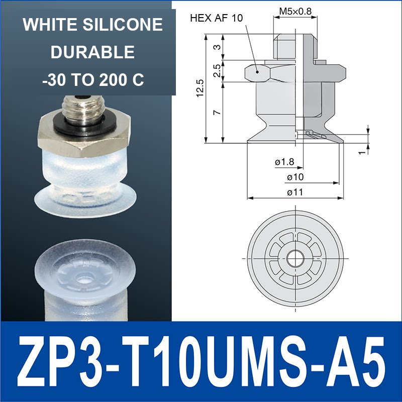 ZP3-T10UMS-A5 vacuum cup, 10 mm pad, White Silicone, A5 Male M5×0.8, with technical dimensions