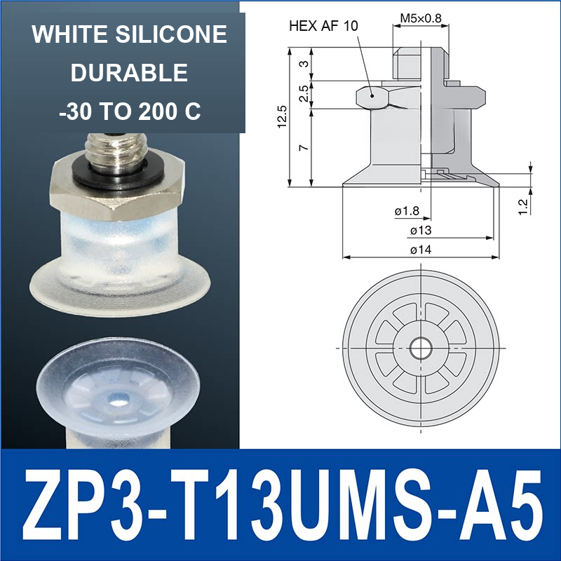 ZP3-T13UMS-A5 vacuum cup, 13 mm pad, White Silicone, A5 Male M5×0.8, with technical dimensions
