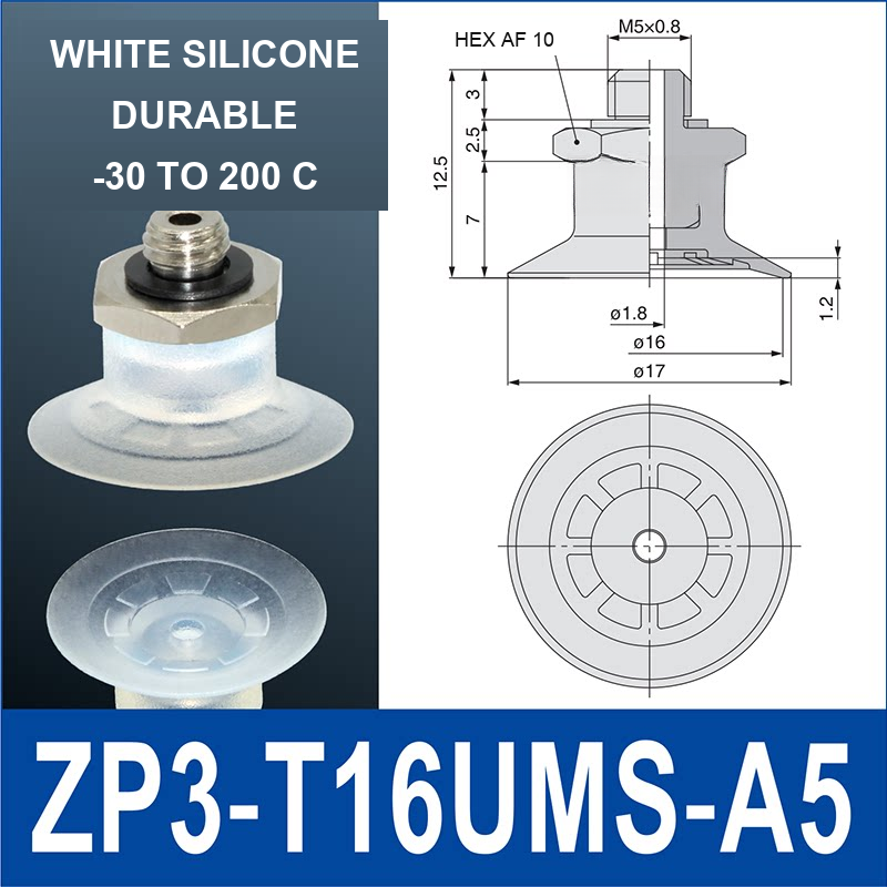 ZP3-T16UMS-A5 vacuum cup, 16 mm pad, White Silicone, A5 Male M5×0.8, with technical dimensions
