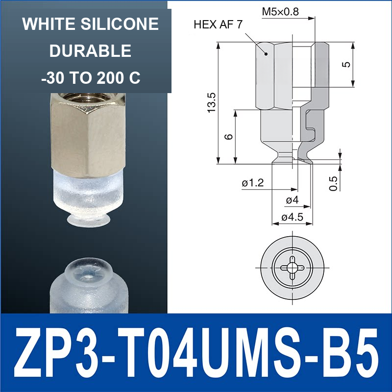 ZP3-T04UMS-B5 vacuum cup, 4 mm pad, White Silicone, B5 Female M5×0.8, with technical dimensions