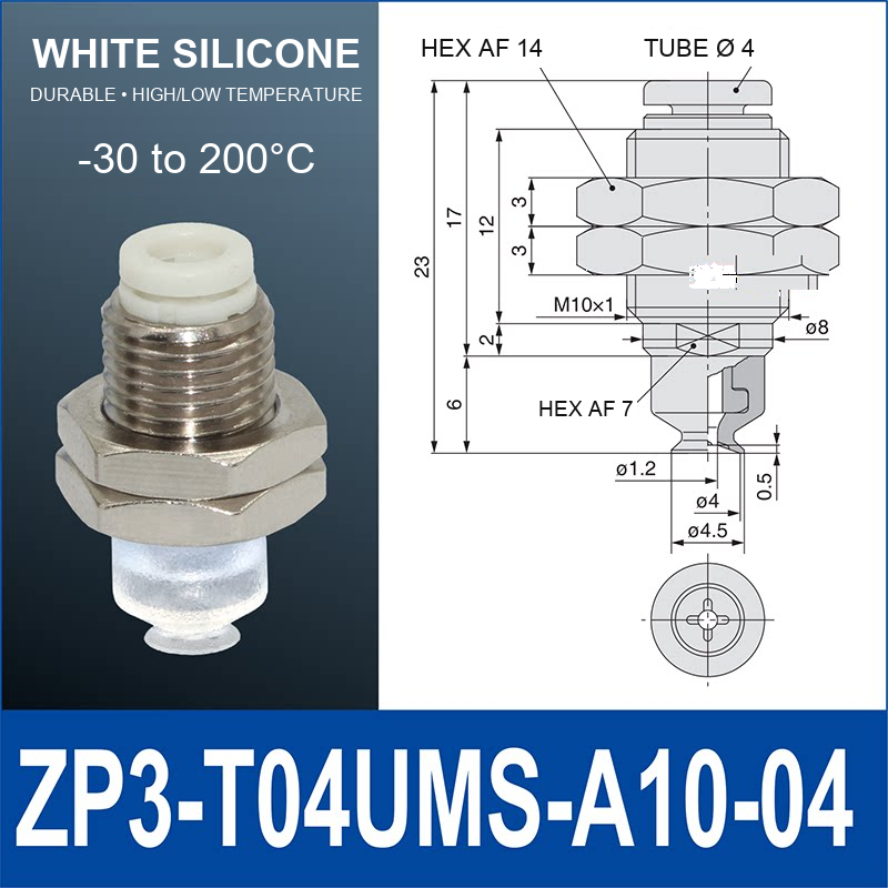 ZP3-T04UMS-A10-04 compact vacuum cup assembly, 4 mm diameter, white silicone, A10 base, with product view and dimensional drawing