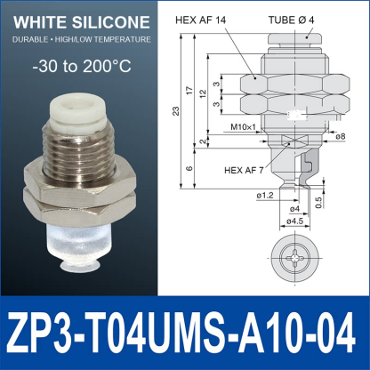 ZP3-T04UMS-A10-04 compact vacuum cup assembly, 4 mm diameter, white silicone, A10 base, with product view and dimensional drawing