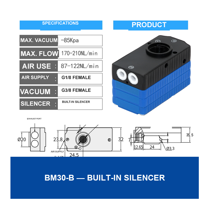 BM30-B Built-In Silencer vacuum cup component with dimensional drawing
