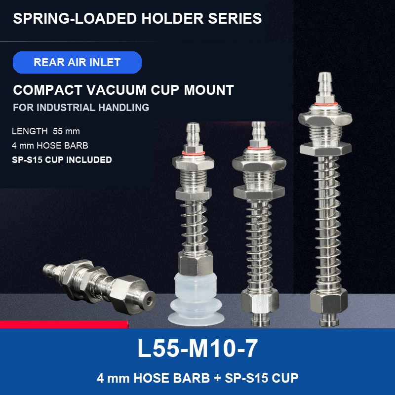L55-M10-7 spring-loaded rear-air vacuum cup holder, 55 mm length, M10×1.0, 7 mm head, 4 mm hose barb with SP-S15 cup