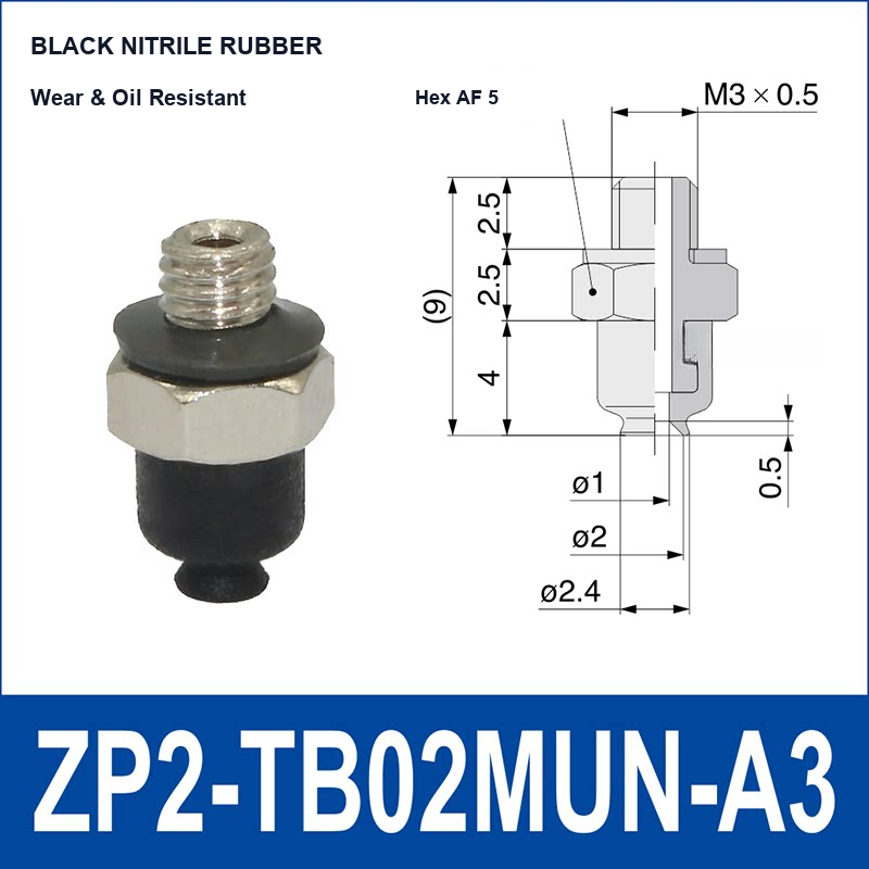 ZP2-TB02MUN-A3 Black Nitrile Rubber low-profile flat vacuum suction cup and technical dimensions