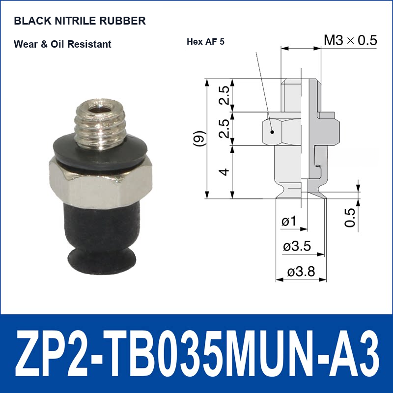ZP2-TB035MUN-A3 Black Nitrile Rubber low-profile flat vacuum suction cup and technical dimensions