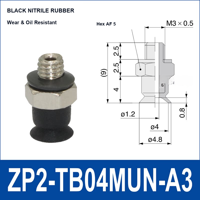 ZP2-TB04MUN-A3 Black Nitrile Rubber low-profile flat vacuum suction cup and technical dimensions