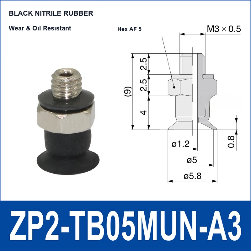 ZP2-TB05MUN-A3 Black Nitrile Rubber low-profile flat vacuum suction cup and technical dimensions