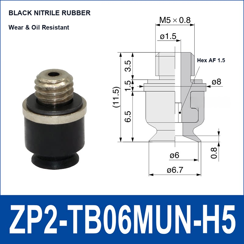 ZP2-TB06MUN-H5 Black Nitrile Rubber low-profile flat vacuum suction cup and technical dimensions