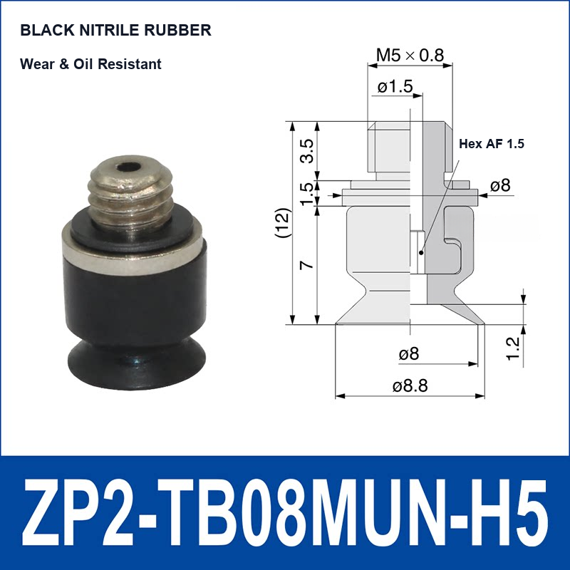 ZP2-TB08MUN-H5 Black Nitrile Rubber low-profile flat vacuum suction cup and technical dimensions