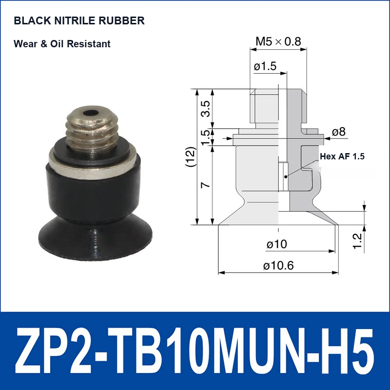 ZP2-TB10MUN-H5 Black Nitrile Rubber low-profile flat vacuum suction cup and technical dimensions