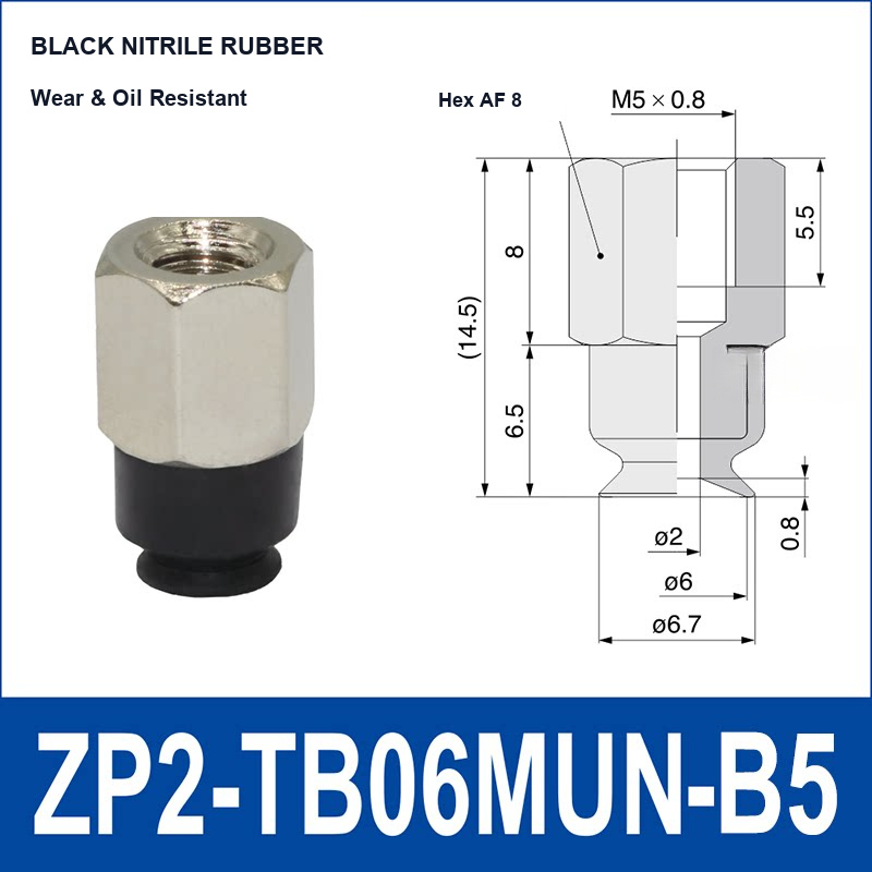 ZP2-TB06MUN-B5 Black Nitrile Rubber low-profile flat vacuum suction cup and technical dimensions