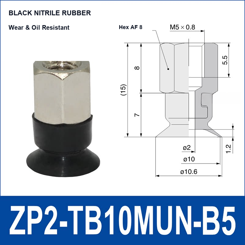 ZP2-TB10MUN-B5 Black Nitrile Rubber low-profile flat vacuum suction cup and technical dimensions