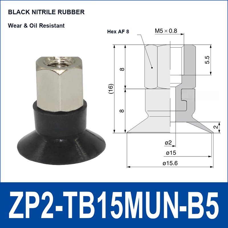 ZP2-TB15MUN-B5 Black Nitrile Rubber low-profile flat vacuum suction cup and technical dimensions