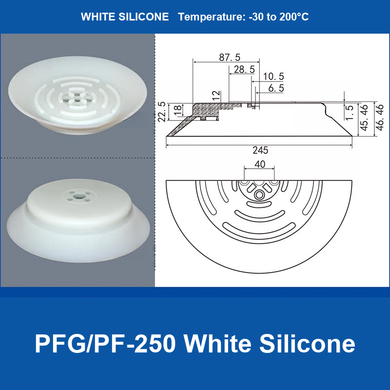 PFG/PF-250 White Silicone heavy-duty flat vacuum suction cup and technical dimensions