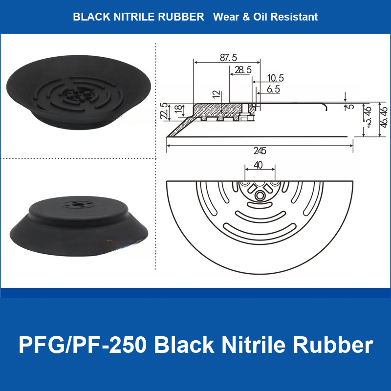 PFG/PF-250 Black Nitrile Rubber heavy-duty flat vacuum suction cup and technical dimensions