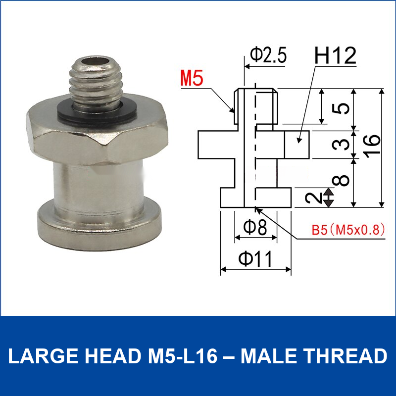 Large Head M5-L16 – Male Thread vacuum cup fitting or adapter, Nickel-Plated Copper, Male Thread, with technical dimensions