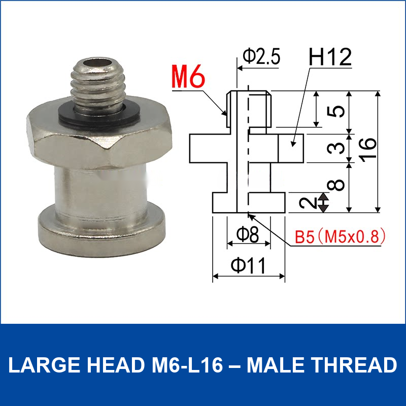 Large Head M6-L16 – Male Thread vacuum cup fitting or adapter, Nickel-Plated Copper, Male Thread, with technical dimensions