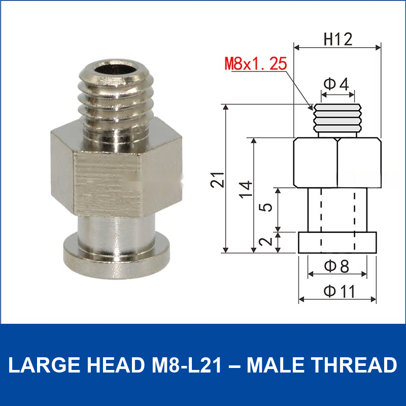 Large Head M8-L21 – Male Thread vacuum cup fitting or adapter, Nickel-Plated Copper, Male Thread, with technical dimensions