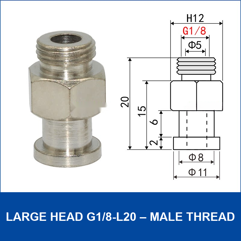 Large Head G1/8-L20 – Male Thread vacuum cup fitting or adapter, Nickel-Plated Copper, Male Thread, with technical dimensions