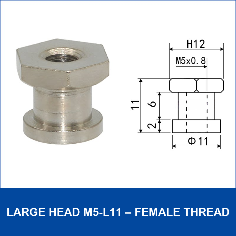 Large Head M5-L11 – Female Thread vacuum cup fitting or adapter, Nickel-Plated Copper, Female Thread, with technical dimensions