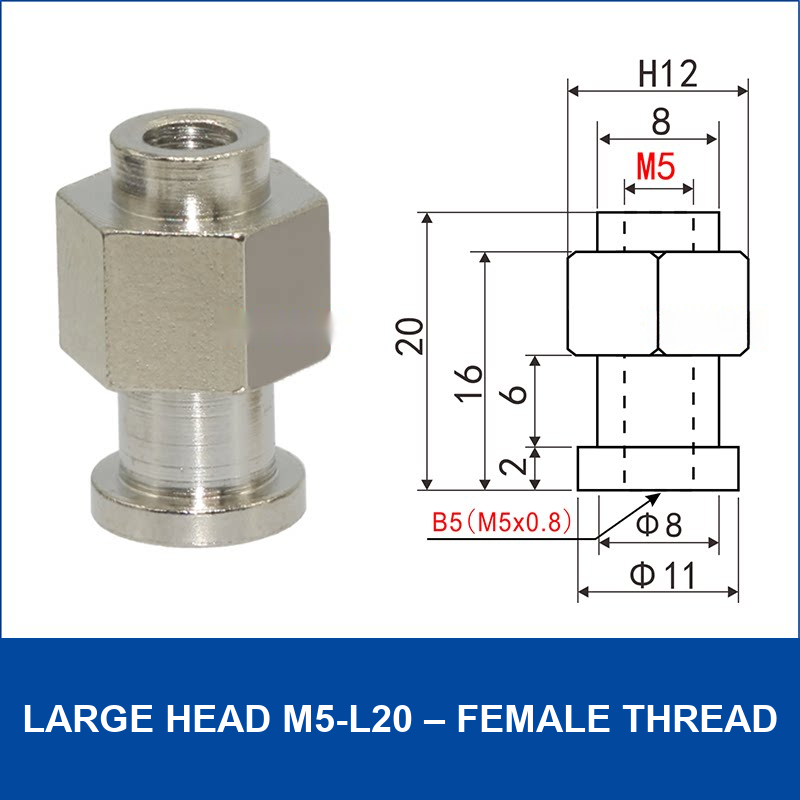 Large Head M5-L20 – Female Thread vacuum cup fitting or adapter, Nickel-Plated Copper, Female Thread, with technical dimensions