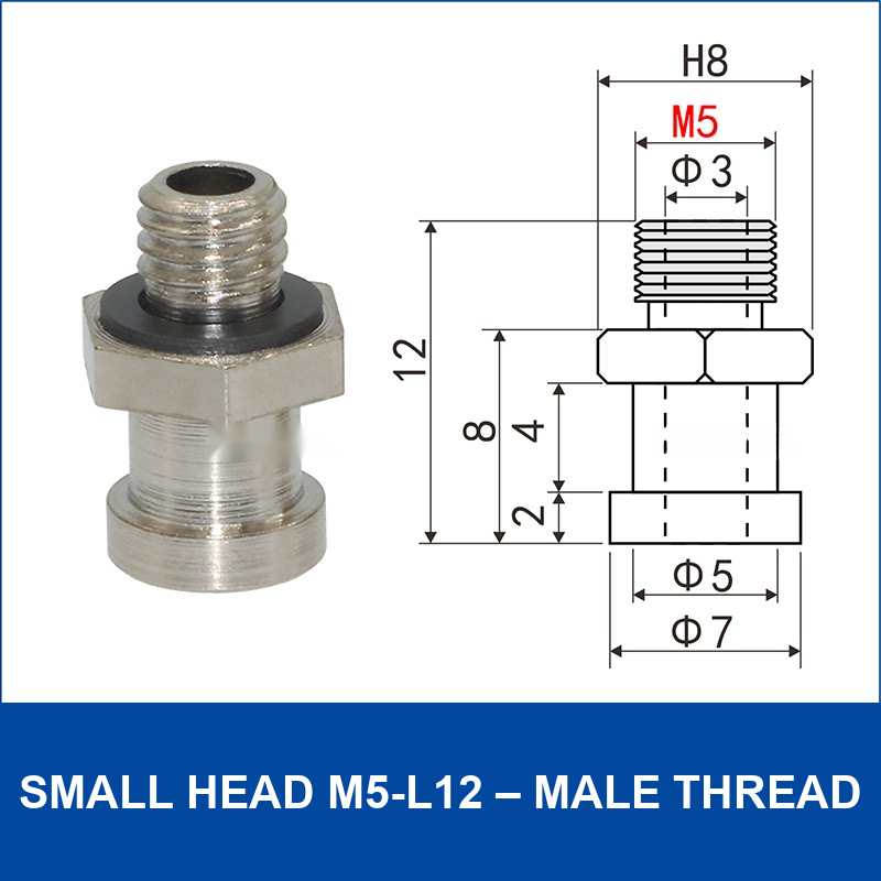 Small Head M5-L12 – Male Thread vacuum cup fitting or adapter, Nickel-Plated Copper, Male Thread, with technical dimensions