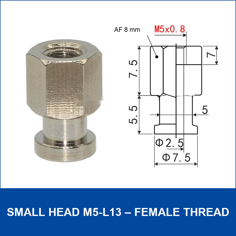 Small Head M5-L13 – Female Thread vacuum cup fitting or adapter, Nickel-Plated Copper, Female Thread, with technical dimensions