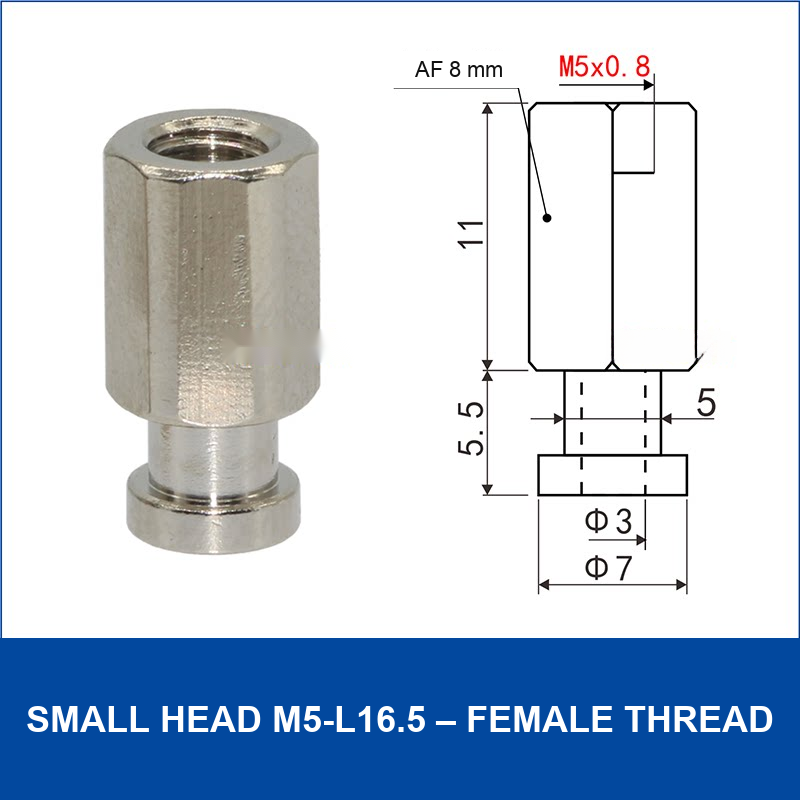 Small Head M5-L16.5 – Female Thread vacuum cup fitting or adapter, Nickel-Plated Copper, Female Thread, with technical dimensions