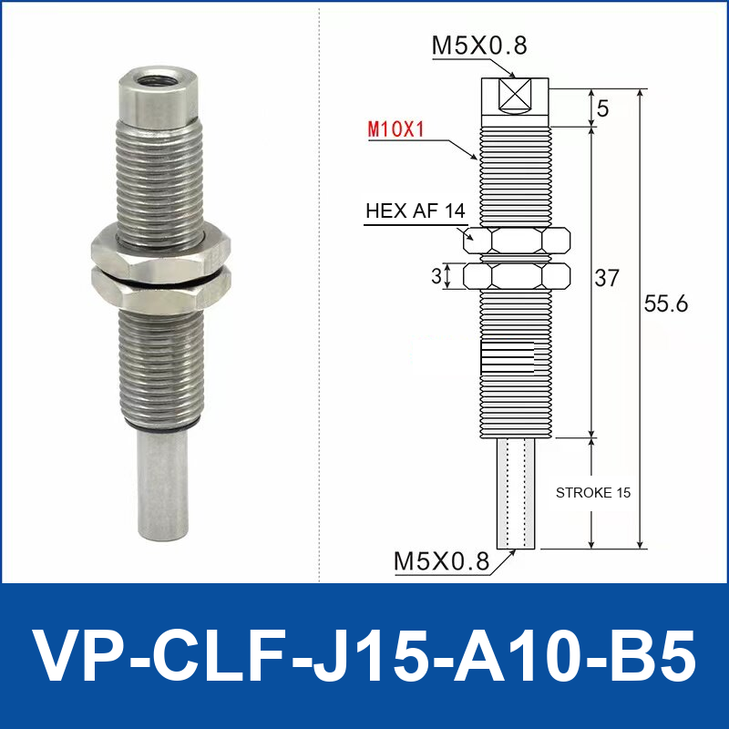 VP-CLF-J15-A10-B5 – Non-Rotation, 15 mm Stroke, stainless steel telescopic vacuum buffer fitting, M10×1 / M5×0.8 threads, with technical dimensions